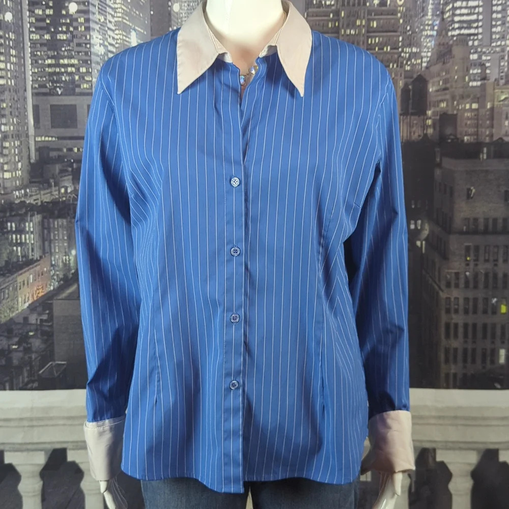 DressBarn sz L Striped Button Down Cuffed Sleeve Business Top